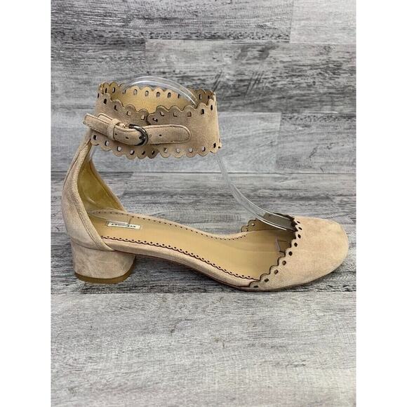 Leon Max Womens Scalloped Ankle Strap Suede Block Heel Flats Size 7.5 Beige - Picture 4 of 8